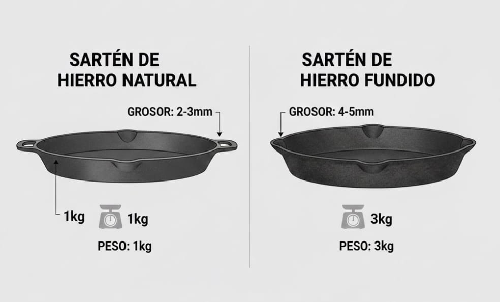 Diagrama comparativo: Hierro Natural (2-3mm, 1kg) vs Hierro Fundido (4-5mm, 3kg)